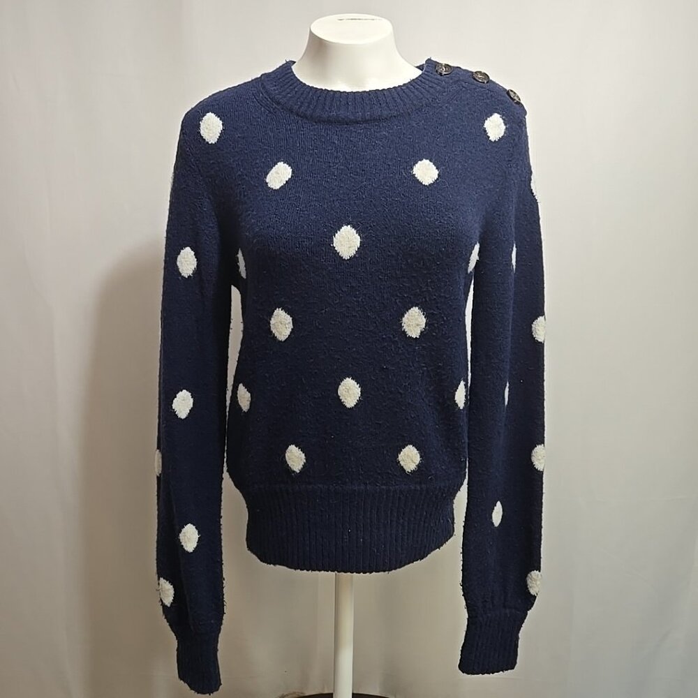 J Crew Merino Alpaca Blend Sweater Womens Size Small Navy White Polka Dot Button